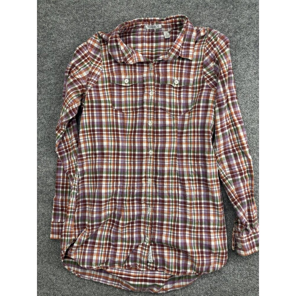 Toad&Co Shirt Womens Small Purple Orange Green Plaid Organic Cotton Button‎ Up